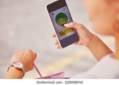 Woman, phone or transport travel app after retail shopping in clothes sales store in city. Hands, watch or time for waiting customer on France street or road with fashion bag and 5g mobile technology - Powered by Shutterstock