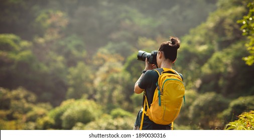 Woman photographer taking pictures in autumn forest - Powered by Shutterstock