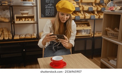 Woman photographing coffee in a cozy bakery, surrounded by freshly baked goods, using her smartphone, capturing the essence of a relaxed cafe atmosphere. - Powered by Shutterstock