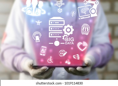 Woman physician using tablet computer and virtual touchscreen offers big data networking server system. Internet Servers Big Data Hospital Modern Automation AI IOT Technology. - Powered by Shutterstock