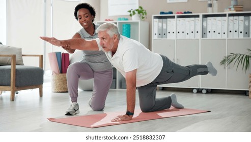 Woman, physiotherapist and senior stretching with personal trainer for yoga, workout or exercise at clinic. Female person, physio or phyiscal therapist helping elderly patient in pilates on floor mat - Powered by Shutterstock