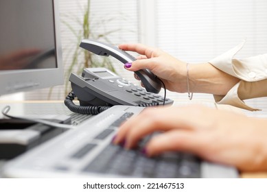 Woman Is Picking Up The Headset From Phone, Assistance Concept