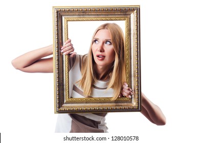 Woman With Picture Frame On White