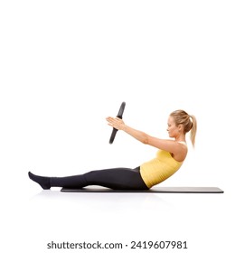 Woman, pilates ring and arms for balance stretching on yoga mat or resistance health, roll up or studio white background. Female person, equipment for muscle flexibility, wellness strength or mockup - Powered by Shutterstock