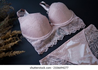 woman pink bra and panties lingerie near pampas grass on black. fashion Shopping for female wardrobe. glamorous stylish sexy lace. Woman accessories.