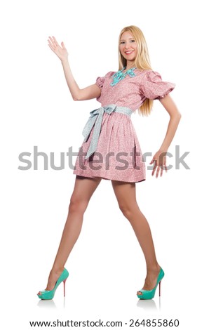 Woman in pink doll dress isolated on white