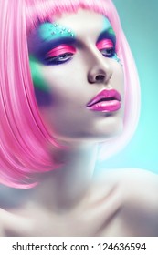 Woman With Pink Hair In Blue Light