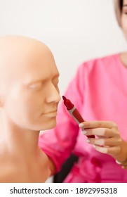 Woman In A Pink Medical Uniform Shows With Marker On A Human Head Anatomy Model. Education, Anthropology,science, Anatomy Concept.