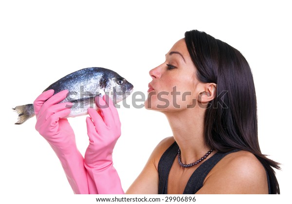 Woman Pink Rubber Gloves About Kiss Stock Photo Edit Now 29906896