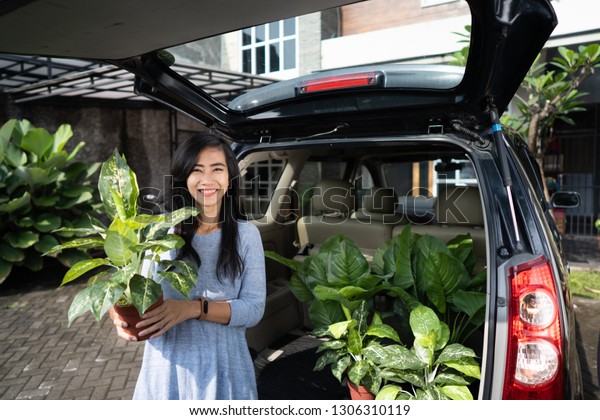 woman with plant\
and tree in her car trunk. portrait of woman just purchased plant\
from shop for her garden