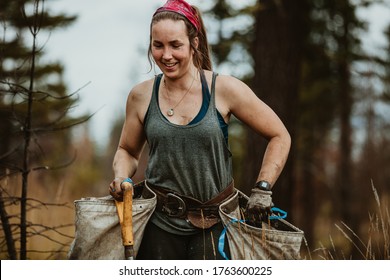 Woman Planting Trees In Forest. Female Tree Planter Carrying Bags Full Of Trees And A Shovel.