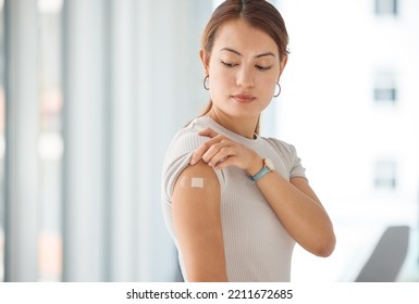 Woman With Plaster On Arm From Covid Vaccine, Medical Injection And Corona Virus Cure For Immune System, Wellness And Clinic Healthcare. Asian Female Patient With Bandaid, Vaccination And Flu Risk