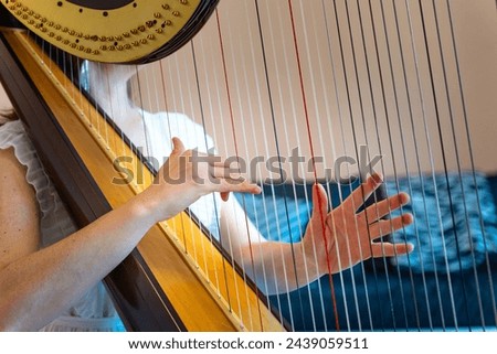 Woman play the harp during a symphonic concert. Close up on hands and strings.