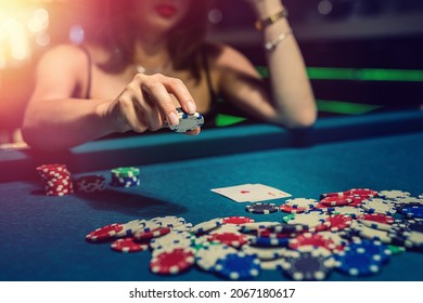 Woman Play Poker Game And Doing Bet, Casino. Gambling Concept