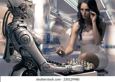 Woman Playing Chess With Fembot Robot