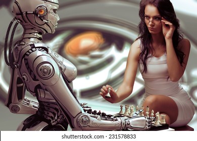 Woman Playing Chess With Fembot Robot