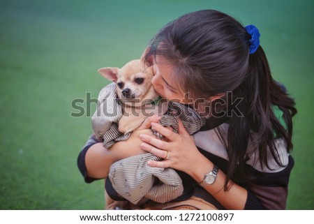 Woman playing with chihuahua dog at home 