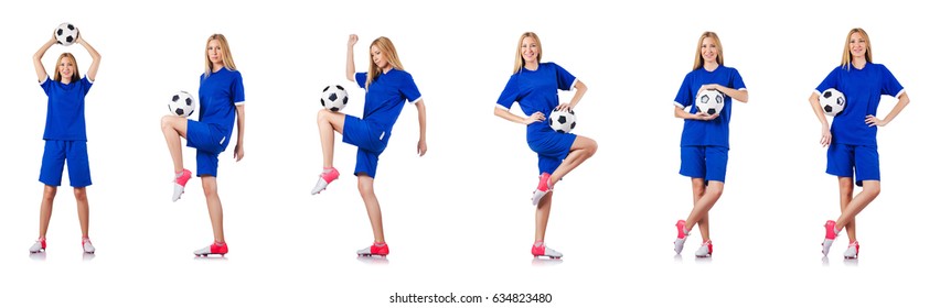 Woman Playing Football On White