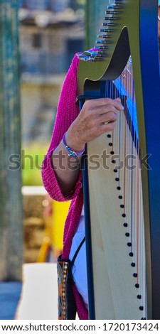woman playing harp in park