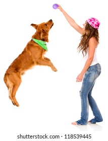 Woman Playing With Her Dog - Isolated Over A White Background