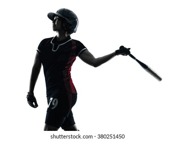 Woman Playing Softball Players Silhouette Isolated