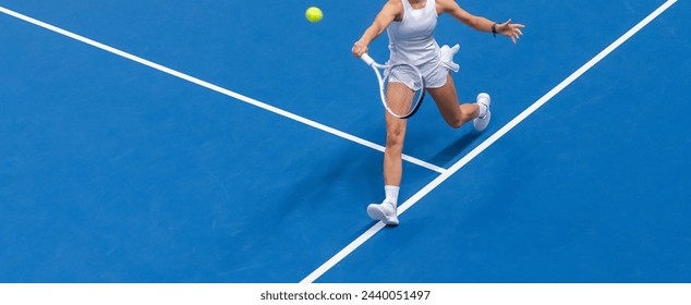 Woman playing tennis on blue floor. Horizontal sport poster, greeting cards, headers, website - Powered by Shutterstock