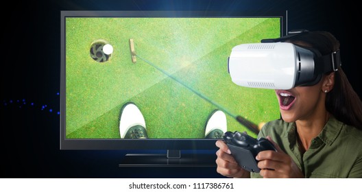 Woman playing video game with virtual reality headset against blue dots on black background - Shutterstock ID 1117386761