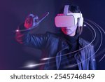 Woman playing a virtual video game on virtual screen. Woman VR headset device, purple innovative VR technology hologram overlay, high-tech futuristic virtual reality technology concept.