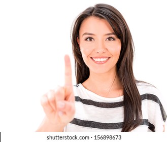 Woman pointing with her finger - isolated over a white background 