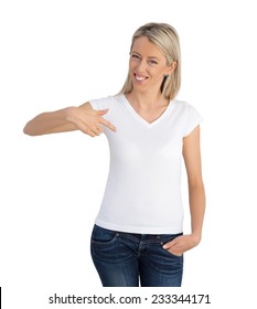 Woman Pointing To Her White V-neck Shirt