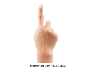 Woman pointing of posture, isolated on white background - Shutterstock ID 302019893