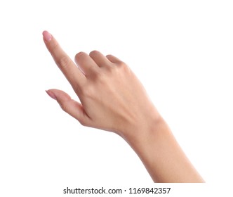 Woman pointing to something on white background, closeup