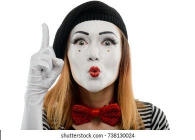 Woman Points Finger Up, Scolding Somebody. Close Up On Female Mime Actress, Performing A Pantomime And Acting Like She's A Teacher Or A Parent.