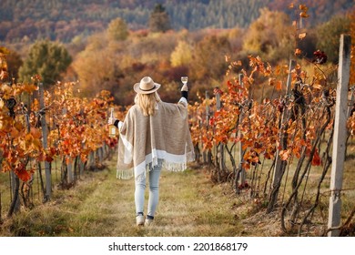 Woman with poncho and hat enjoying white wine in her vineyard at autumn. Happy vintner drinks wine after successful grape harvesting - Powered by Shutterstock