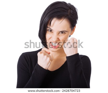 Woman, portrait and angry in studio with fist for fighting, frustrated and stress with rage. Female person, upset and emotion with annoyed expression, moody and mad isolated with white background