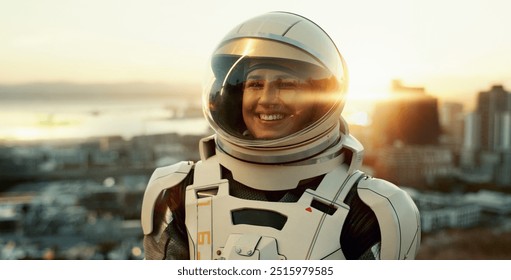 Woman, portrait and astronaut in city for future survival, planet dystopia and spacesuit of aerospace mission. Earth. person and view for emergency safety, sci fi journey or adventure of urban travel - Powered by Shutterstock