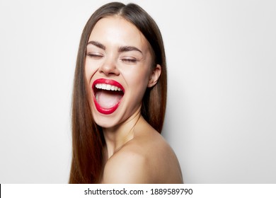 Woman Portrait Charming Wide Open Mouth, Closed Eyes, Bare Shoulders Look 