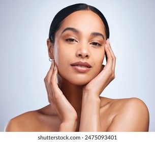 Woman, portrait and clear skincare in studio, healthy and hands for beauty on white background. Female person, cosmetics and touch soft or smooth skin, facial treatment and foundation for dermatology - Powered by Shutterstock