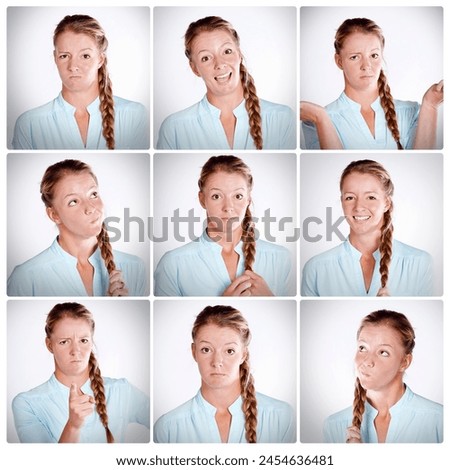 Woman, portrait and collage with funny faces, expressions or humor for comedy in montage. Young model or female person with personality in collection, frame or series of silly or goofy emotions