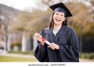 Woman, portrait and graduation with certificate, happy and excited for future, goals and education at college. Girl, student and happy with diploma for achievement, success and celebration at campus - Powered by Shutterstock