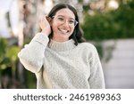 Woman, portrait and happy with glasses for optometry, vision and eye care while outdoors. Smile, student and free in city with prescription specs, confident and pride in town and excited for eyesight