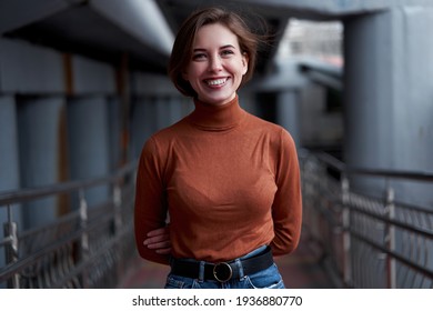 Woman Portrait Happy Smiling Confidence Brunette Dressed Brown Turtleneck Dark Background Dramatic Atmosphere Caucasian Female Headshoot Women's Golf Sweater Style