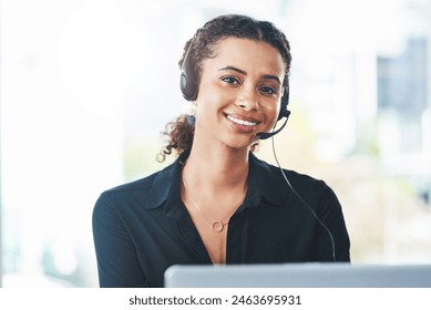 Woman, portrait and headset for call centre telemarketing with smile for technical support, representative or advice. Female person, face and crm client with customer service, contact us or help desk - Powered by Shutterstock