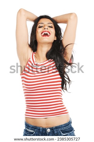 Woman, portrait and laughing in studio for fun, humor and comedy with makeup and fashion on white background. Person, face and happiness with comic expression, carefree and freedom for joke or news