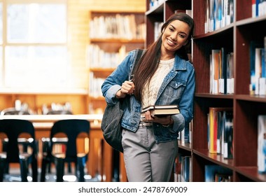 Woman, portrait and learner in library with books, happy and academy literature or university thesis on campus. Education, knowledge and college information for scholarship, assignment and bookshelf - Powered by Shutterstock