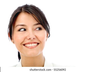 Woman Portrait Looking To The Side - Isolated Over A White Background