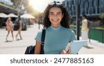 Woman, portrait and outdoor happiness at university, books for education or learning on campus. Female student, smile and notes for knowledge at college, academy scholarship for school in Canada