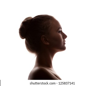  Woman Portrait Profile  In Silhouette Shadow On Studio Isolated White Background