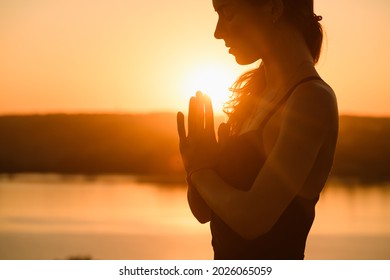 Woman Portrait Raise Hands And Face Close Up In Warm Sun Light Outdoor, Yoga Meditation Practice