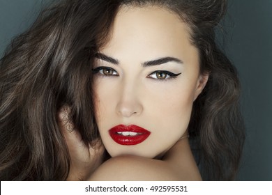 Woman Portrait With Red Lips And Black Eyeliner, Beauty Closeup